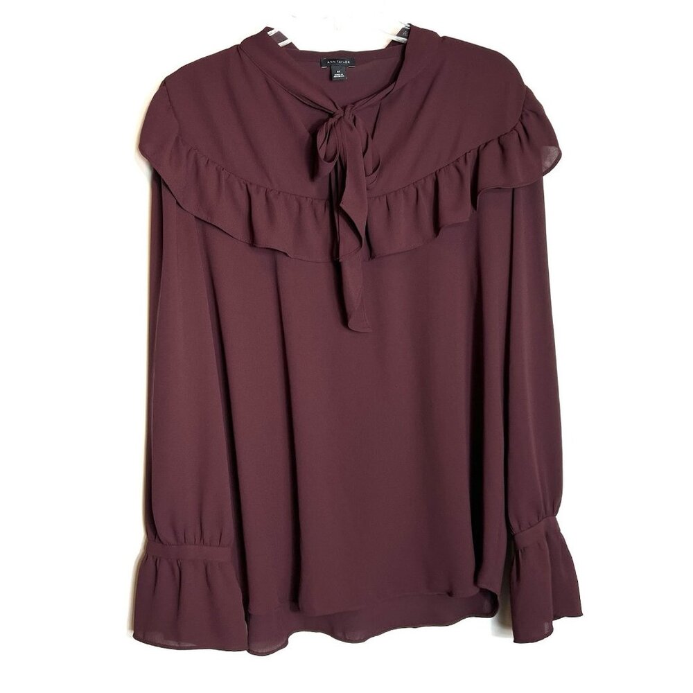 Ann Taylor Long Sleeve brown/burgundy‎  top Tie at the neck w/ ruffles Med Tall